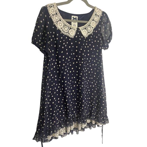La Chapelle Dresses & Skirts - La Chapelle Women's Polka Dot Asymmetrical Lace Dress Short Sleeve Navy Size 40